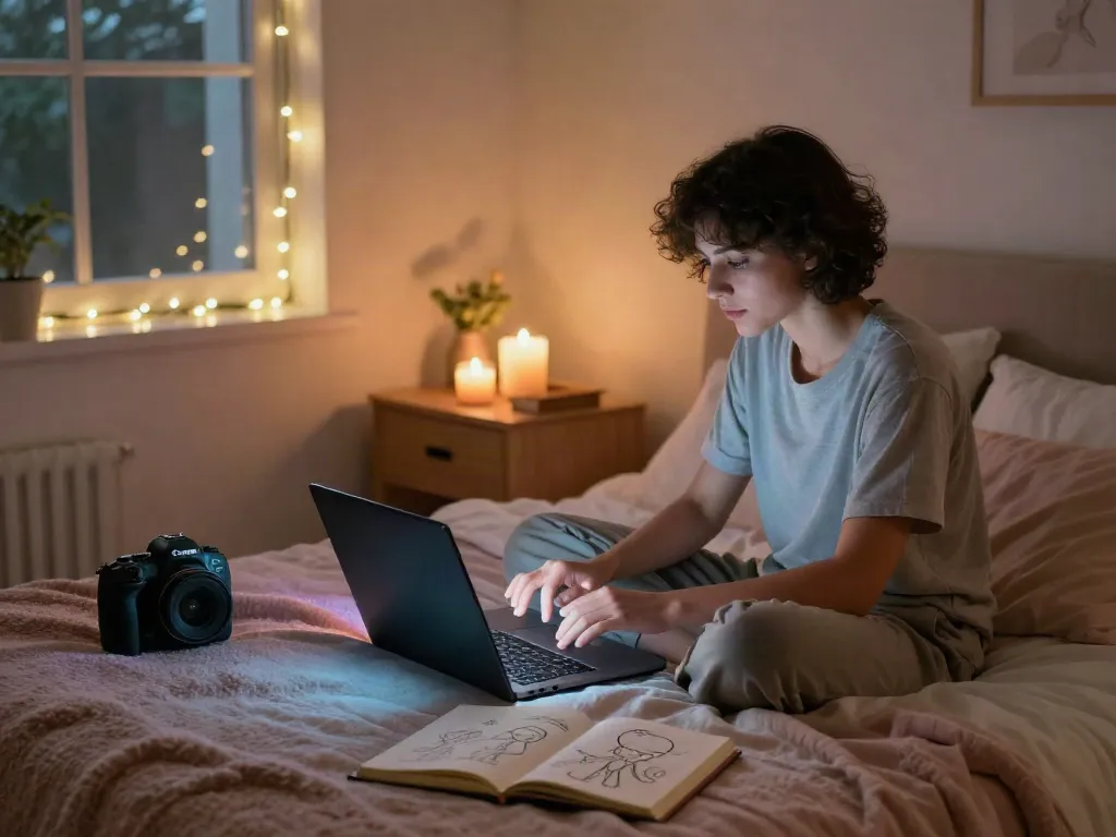 Engaging in ai chat porn on a laptop in a cozy bedroom, illuminated by screen glow.