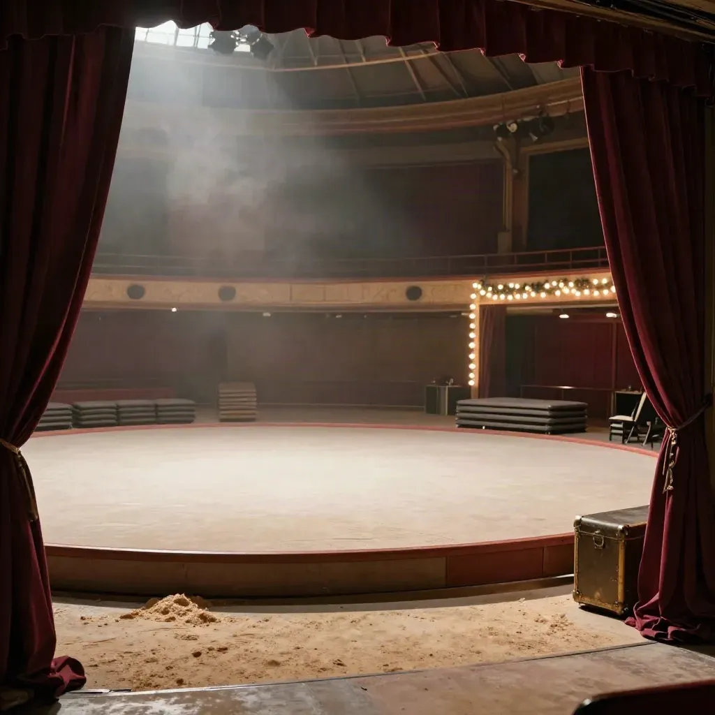 Vue de salle vide sur une piste de cirque prête, rideaux lourds, caisses et matelas en coulisse.