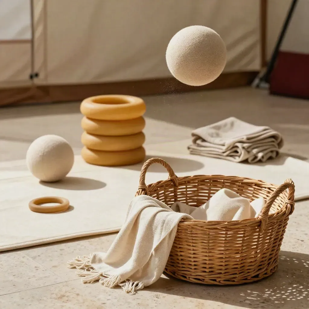 Balles, anneaux et foulards de jonglage prêts pour un atelier de cirque.