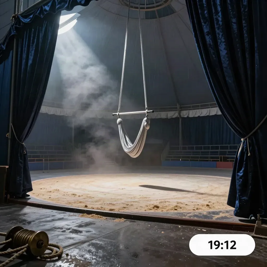Chapiteau vide d’Énergie Circus, trapèze et tissus aériens sous un faisceau dramatique.