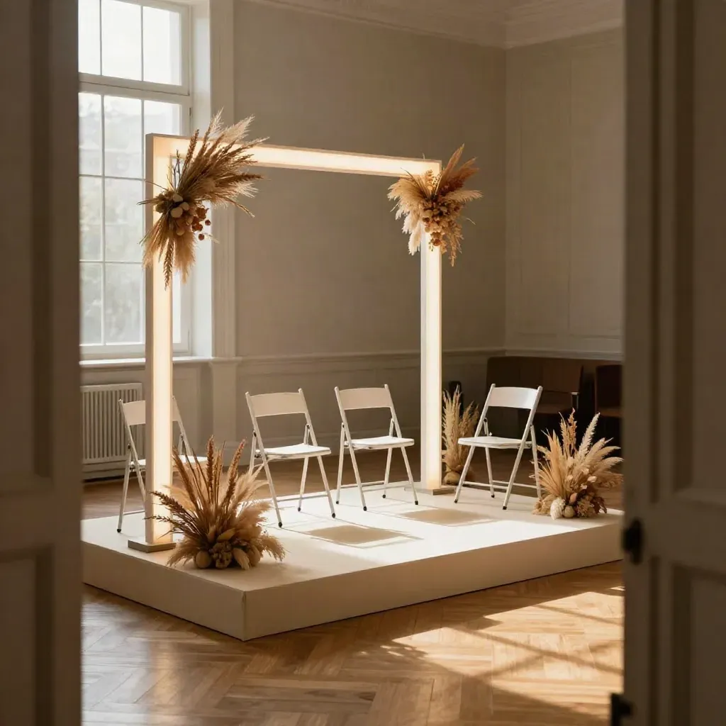 Mini scène privée avec arche lumineuse, chaises claires et bouquets secs dans une pièce chaleureuse.