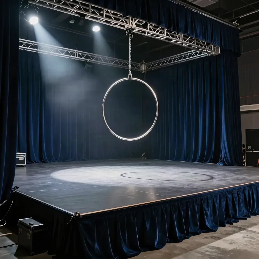 Salle noire de lancement avec cerceau aérien suspendu, truss et halos de lumière.