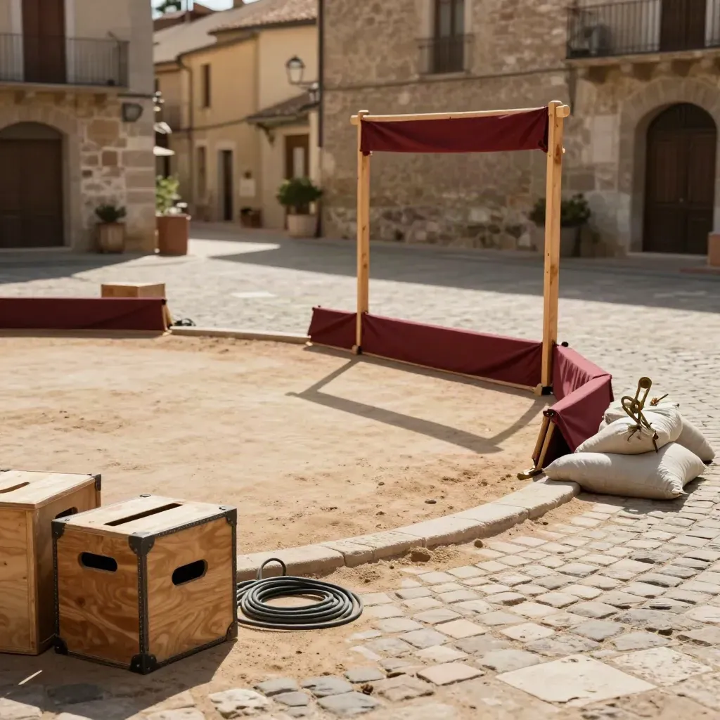 Place pavée transformée en piste de jonglage, caisses de tournée et arche de scène en bois