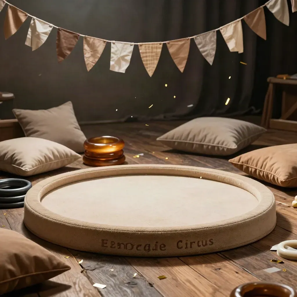 Coin fête de cirque prêt, avec anneaux, guirlandes neutres et coussins au sol.
