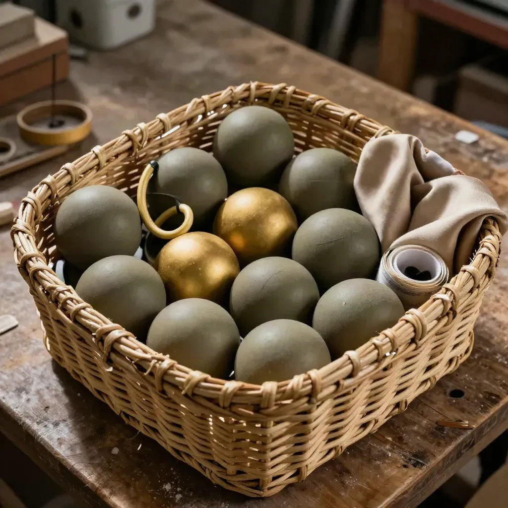 Panier d’osier vu du dessus, rempli de balles, anneaux, foulards et rubans d’atelier.