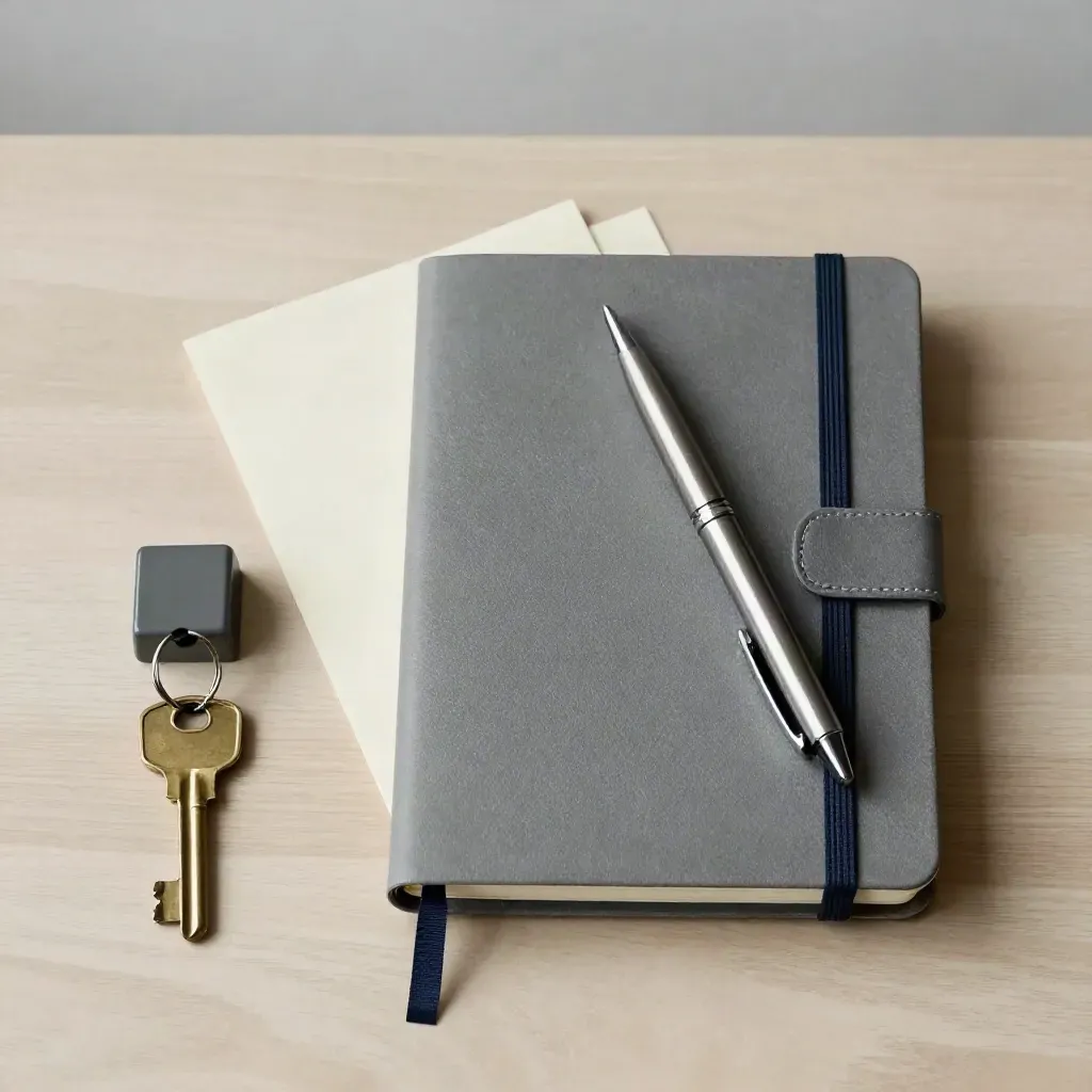 Vue du dessus d’un carnet fermé, d’un stylo, d’une clé de salle et d’aimants sur bois clair.