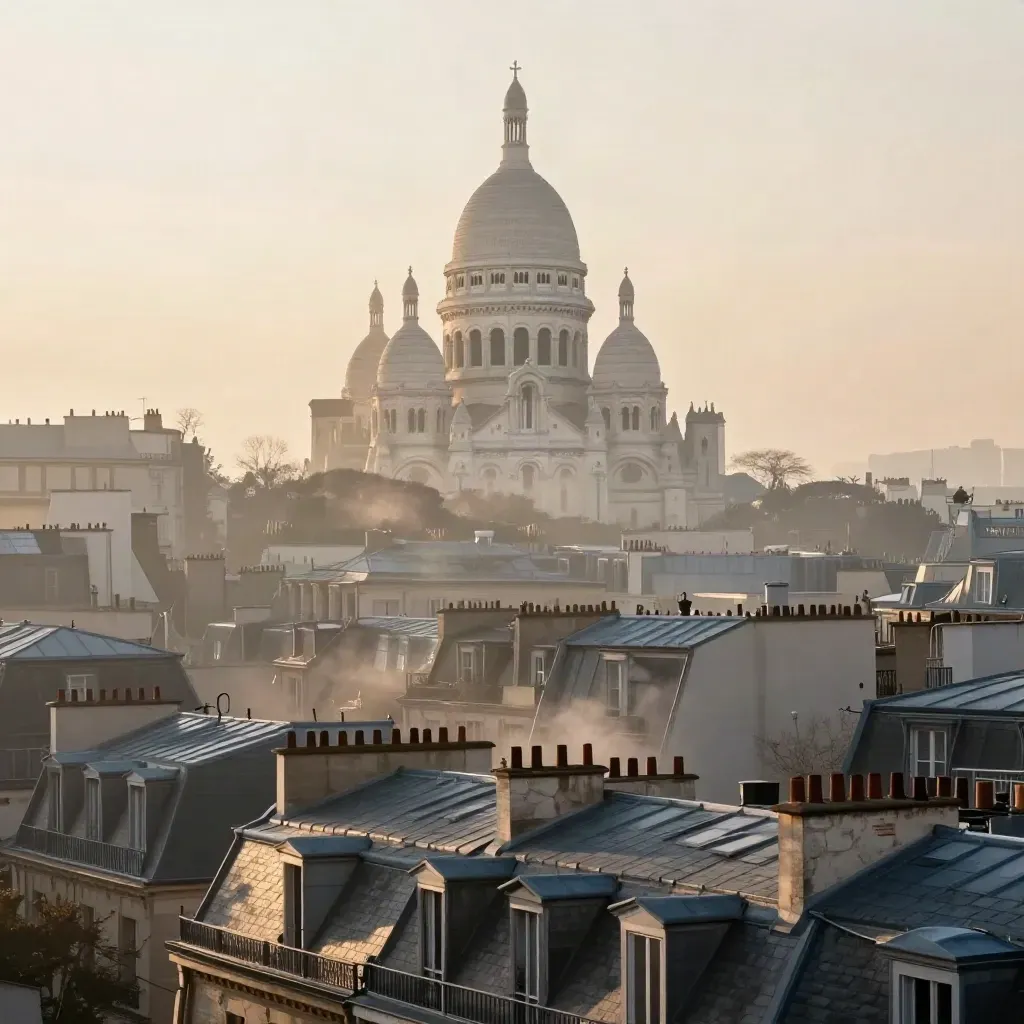 Toits de Paris à l’aube avec le dôme blanc du Sacré-Cœur dans la brume.