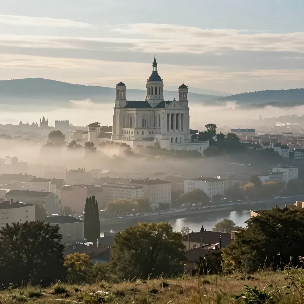 Basilique de Fourvière au-dessus de Lyon, vallée de la Saône noyée dans le brouillard matinal.