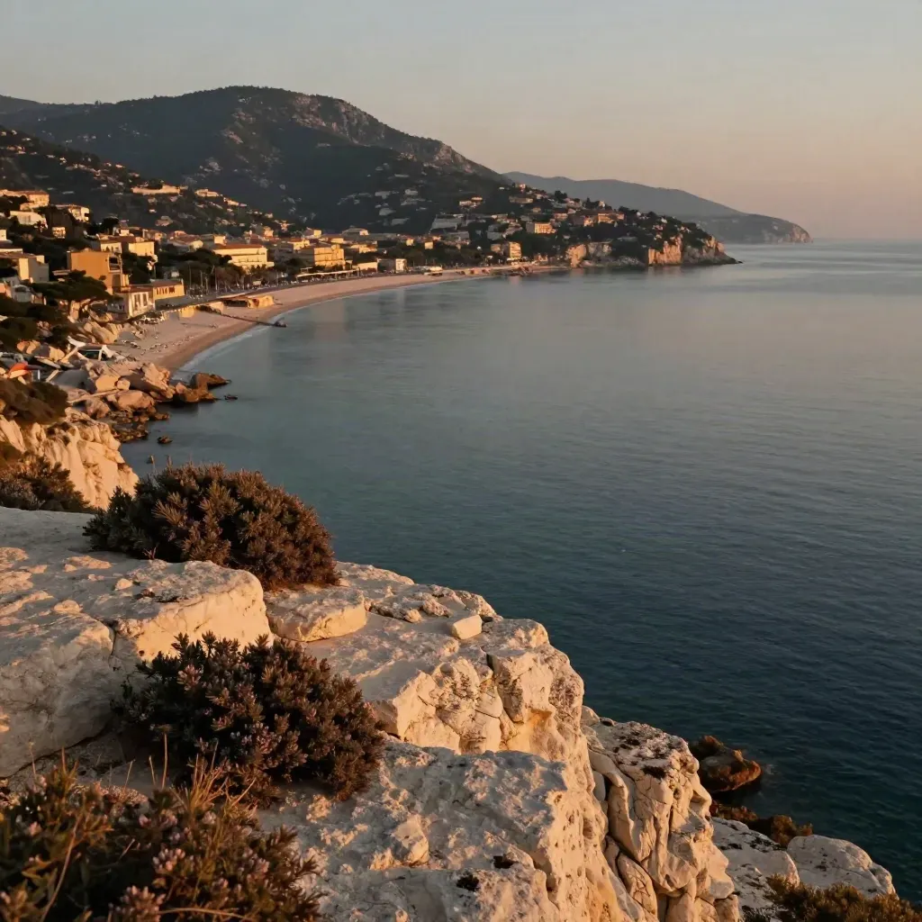 Baie de Nice au coucher du soleil, collines sombres et littoral calcaire sous une brume dorée.