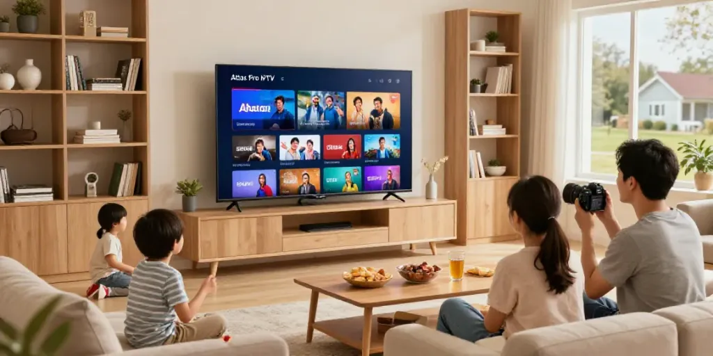 Télévision Smart affichant atlas pro iptv dans un salon moderne avec une famille heureuse.